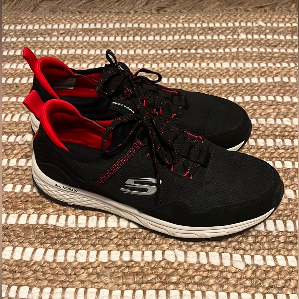 Skechers All Terrain Black & Red Sneakers, Mens Size 11.5, Memory Foam Sole